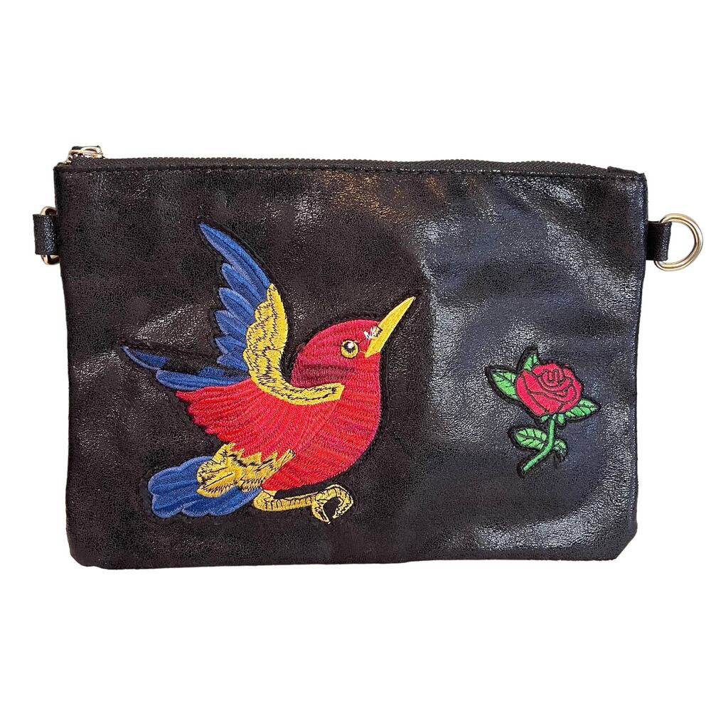 Black Suede Embroidered Bird Rose Clutch Mini Purse Bag